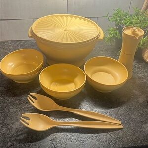 Vintage Tupperware Servalier Salad bowl, 6 bowls, Serving Utensils, & cruet
